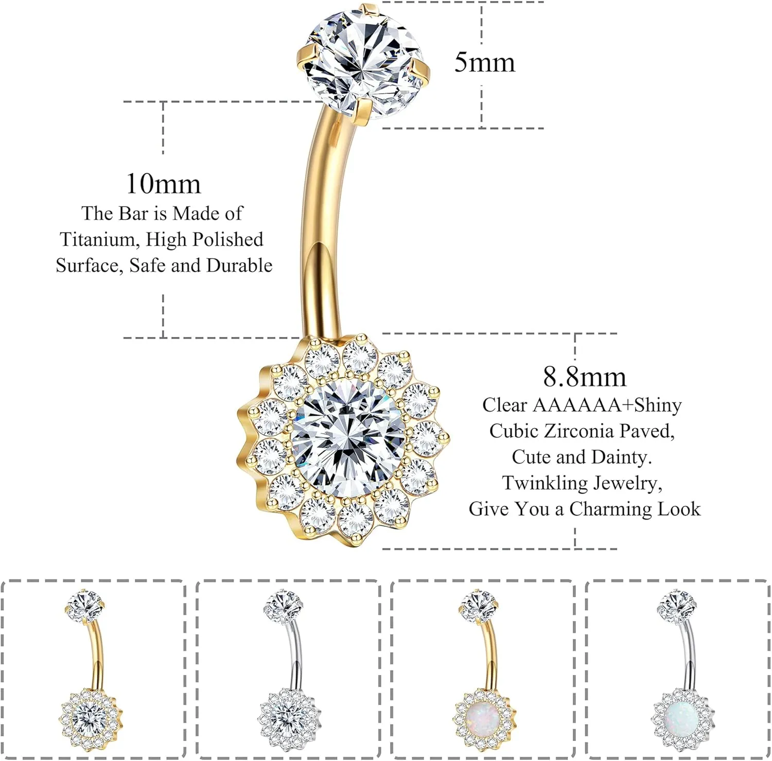 14G Titanium Belly Button Ring for Women AAAAAA Cubic Zirconia Belly Button Rings Flower Opal 10mm Gold Plated Belly Ring Halo Internally Threaded Navel Body Belly Piercing