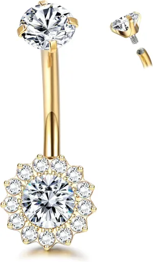 14G Titanium Belly Button Ring for Women AAAAAA Cubic Zirconia Belly Button Rings Flower Opal 10mm Gold Plated Belly Ring Halo Internally Threaded Navel Body Belly Piercing