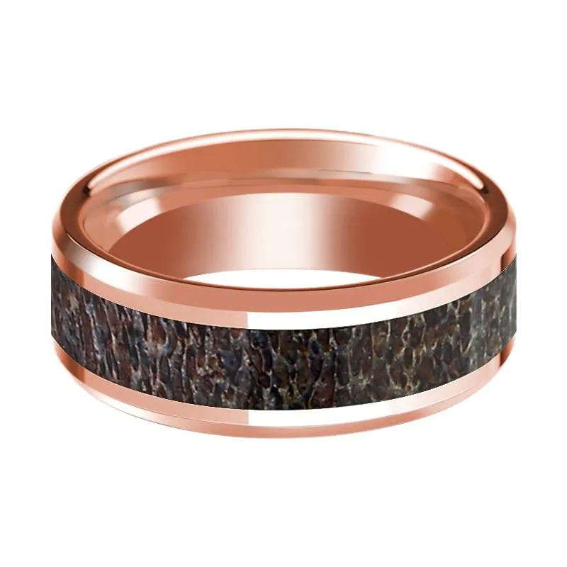 14k Rose Gold Polished Wedding Band with Dark Deer Antler Inlay & Beveled Edges