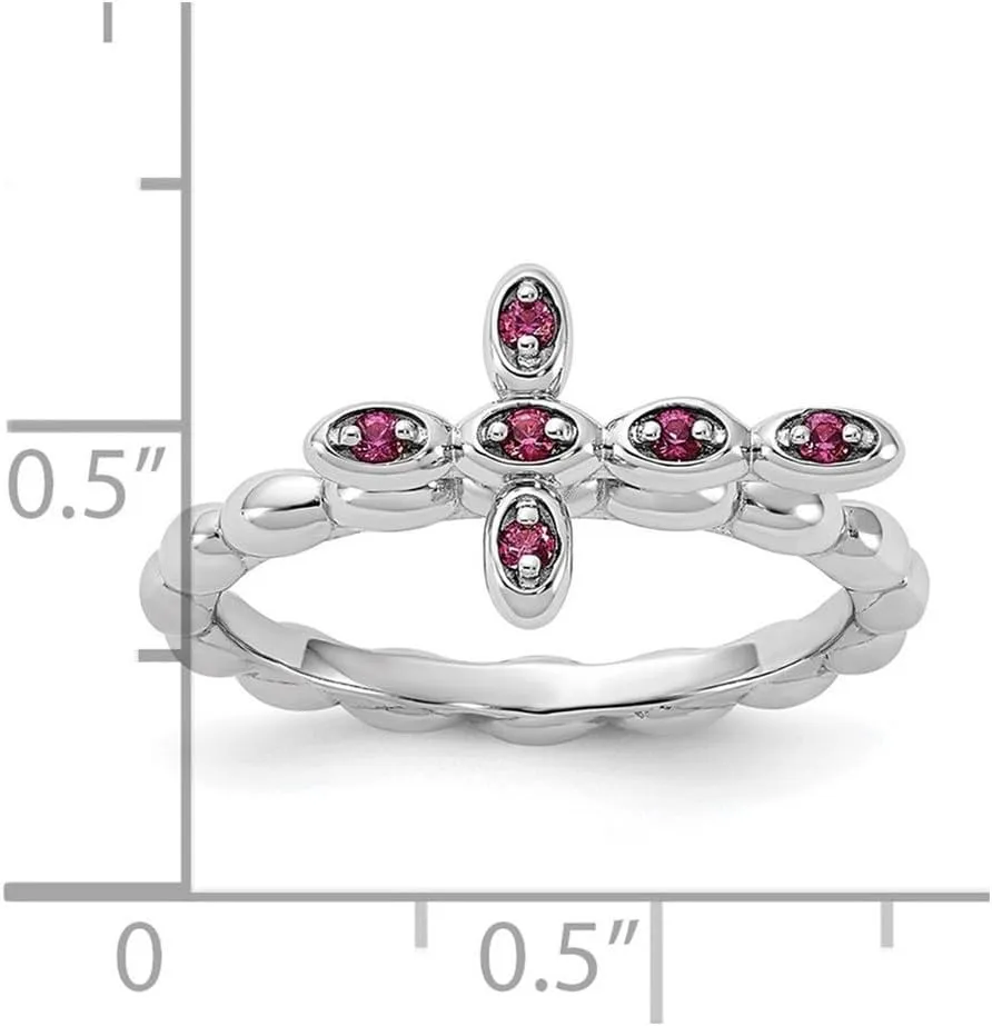 2.5mm 925 Sterling Silver Stackable Rhodium Plated Rhodolite Religious Faith Cross Ring - Jewelry Gift for Mom