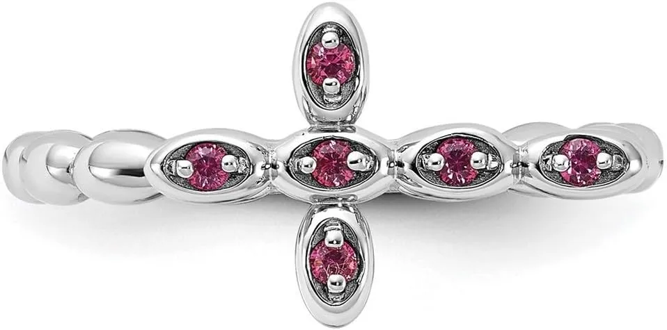 2.5mm 925 Sterling Silver Stackable Rhodium Plated Rhodolite Religious Faith Cross Ring - Jewelry Gift for Mom