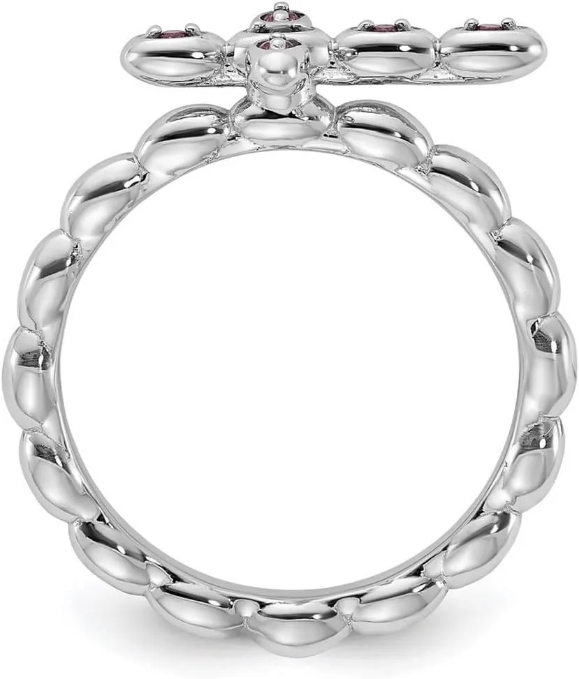 2.5mm 925 Sterling Silver Stackable Rhodium Plated Rhodolite Religious Faith Cross Ring - Jewelry Gift for Mom