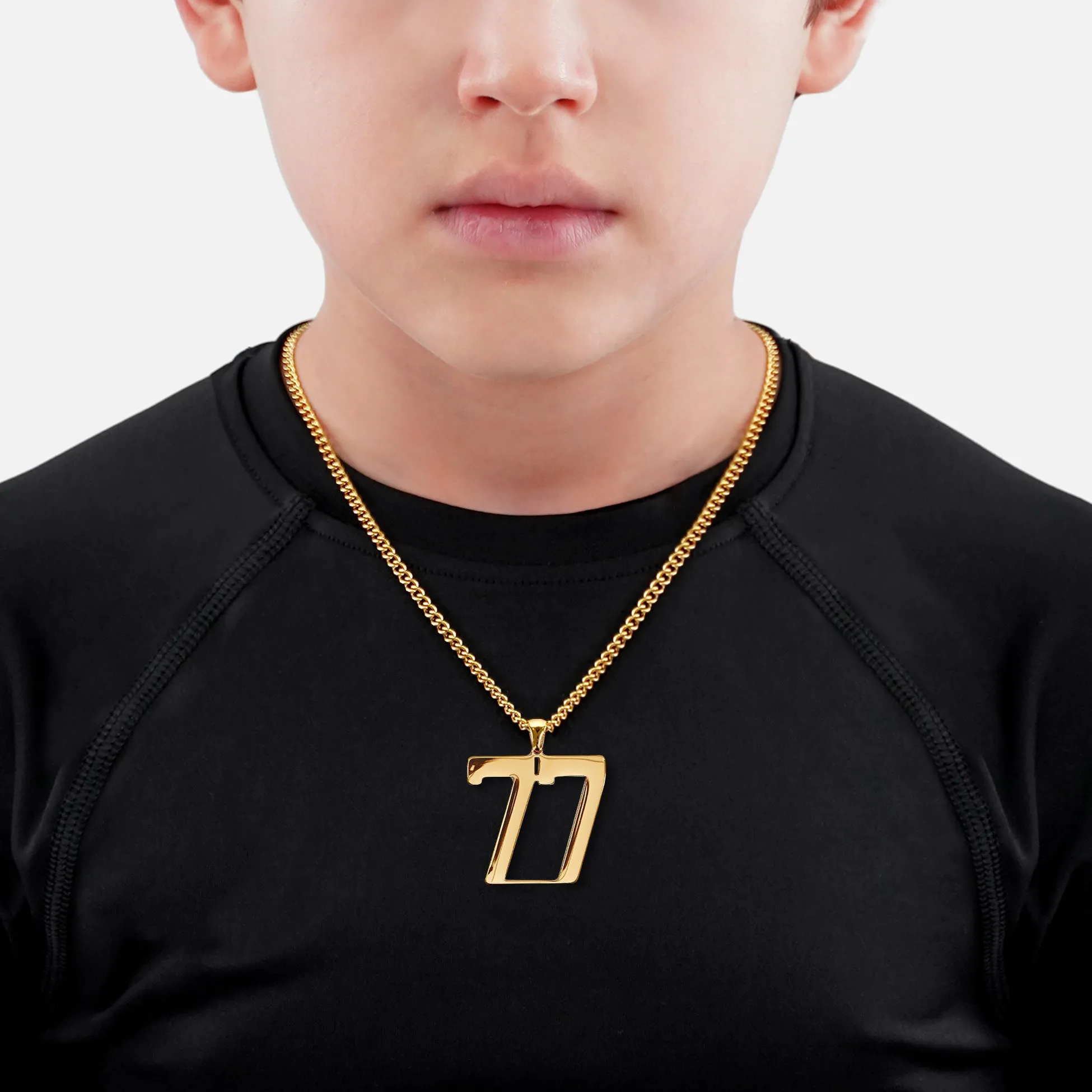 77 Number Pendant with Chain Kids Necklace - Gold Plated Stainless Steel