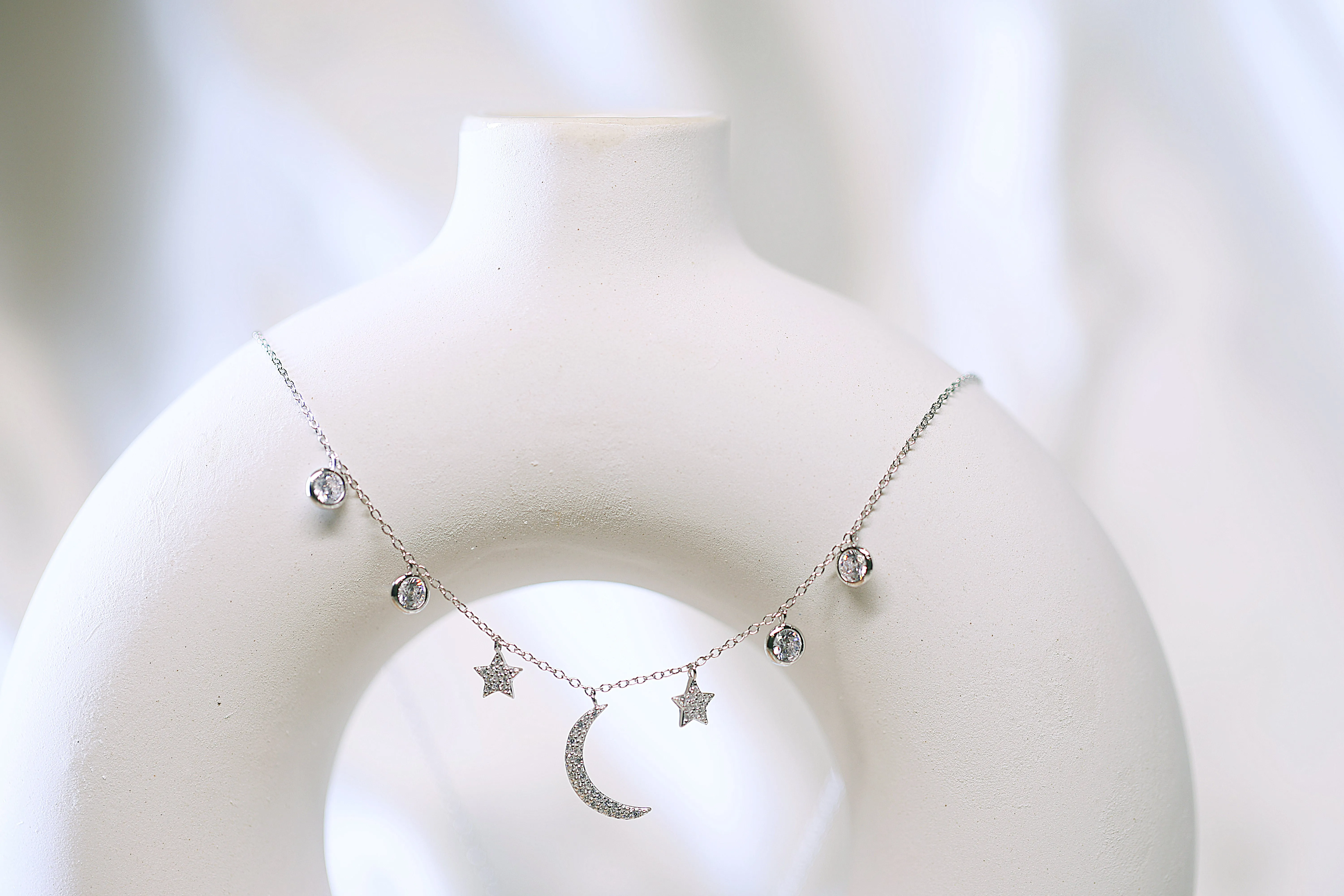 92.5 Silver Crescent moon and star silver necklace