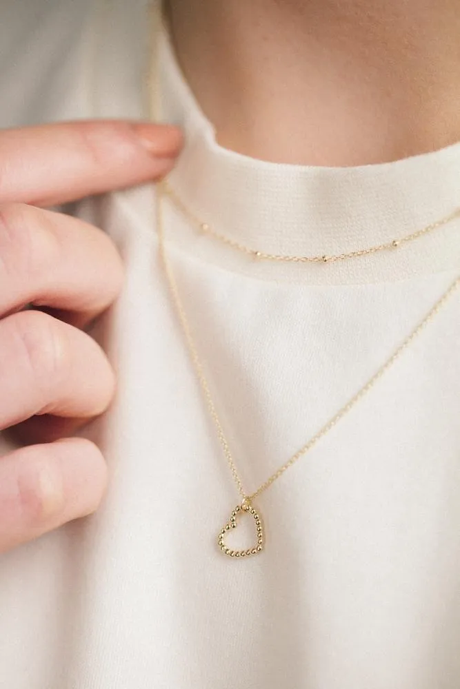 9kt Yellow Gold Beaded Heart Pendant Necklace