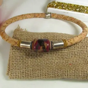 Beige Portuguese Cork & Large Kazuri Unisex's Necklace