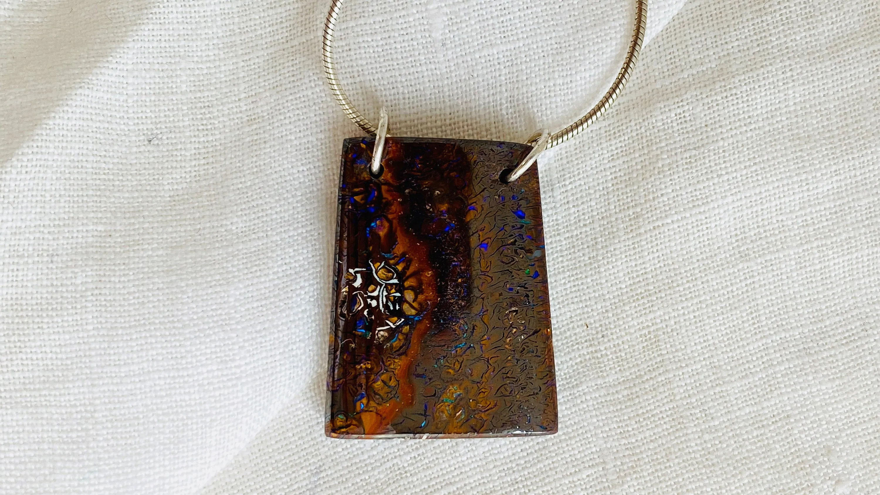 Boulder Opal and Silver Pendant Necklace. Snake Chain