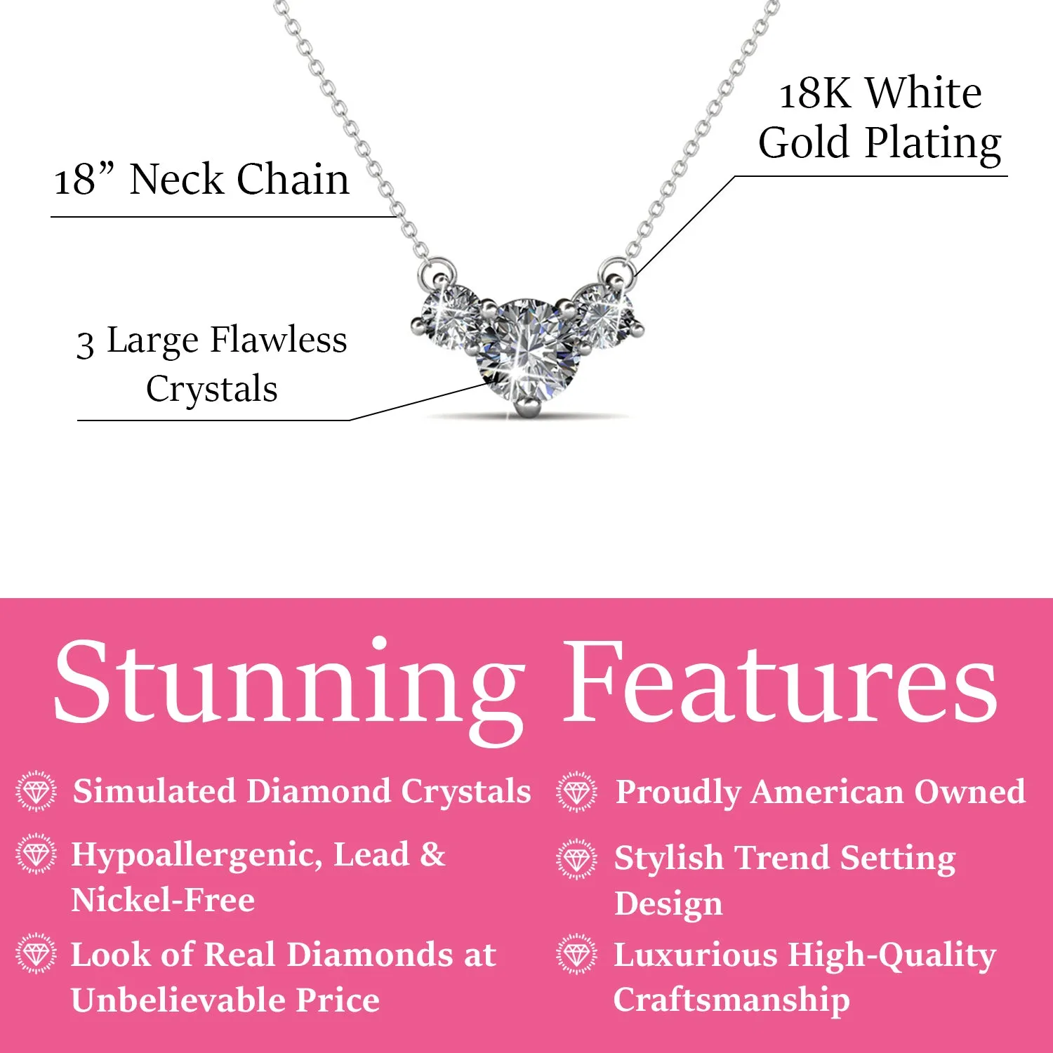 Calliope 18k White Gold Plated 3-Stone Crystal Pendant Necklace