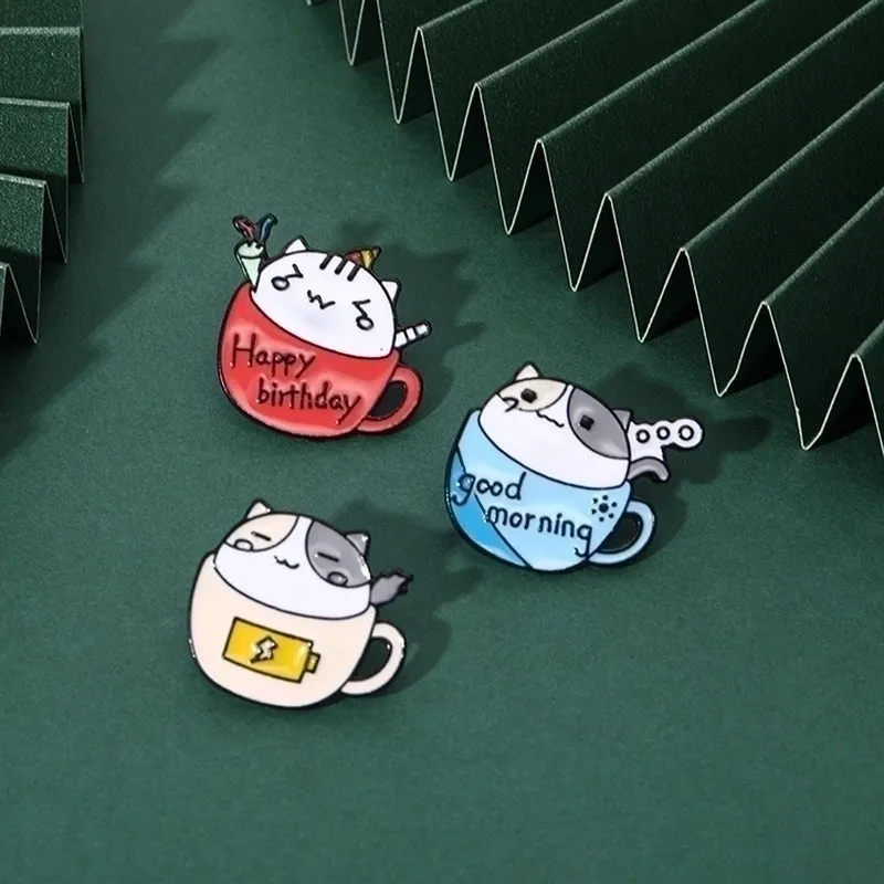 Cartoon Style Pin Cup Cat Alloy Enamel Metal Unisex Brooches