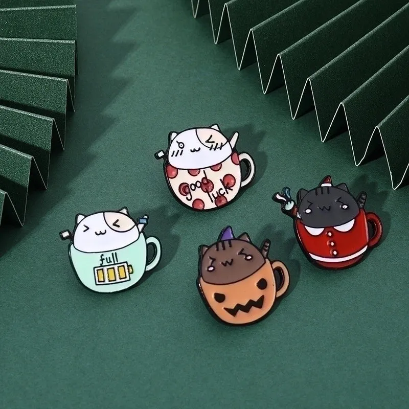 Cartoon Style Pin Cup Cat Alloy Enamel Metal Unisex Brooches