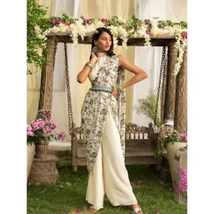 Chhavvi Aggarwal Off White Pant Saree With Stitched Blouse (Set of 3)