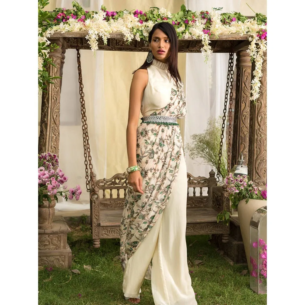 Chhavvi Aggarwal Off White Pant Saree With Stitched Blouse (Set of 3)
