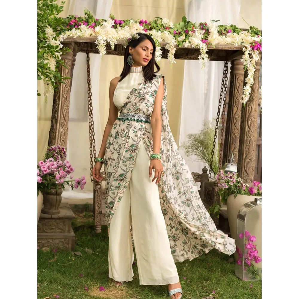 Chhavvi Aggarwal Off White Pant Saree With Stitched Blouse (Set of 3)