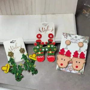 Christmas Statement Seed Bead Drop Earrings ~ Cowgirl Cactus  Cactus with Lights * Reindeer