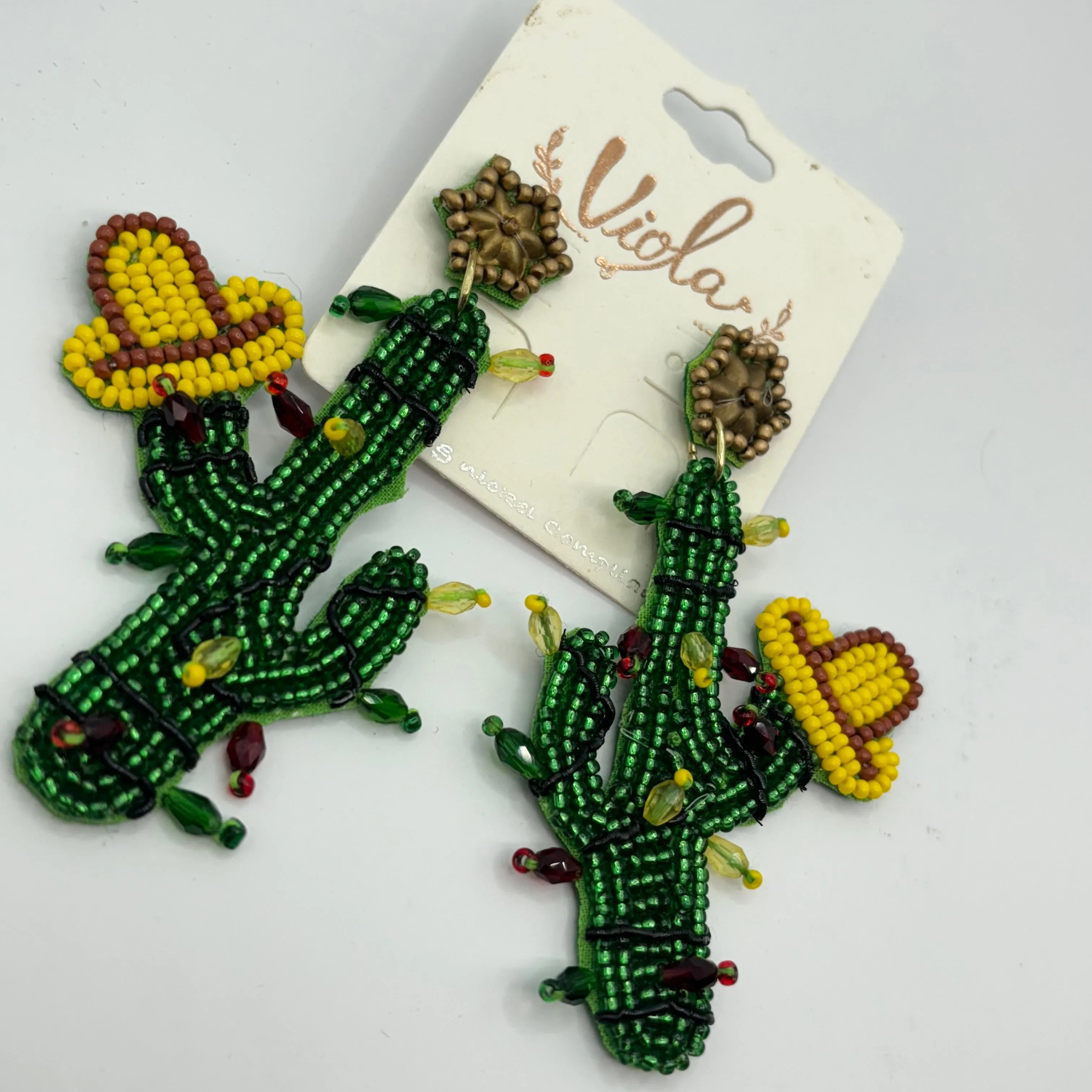 Christmas Statement Seed Bead Drop Earrings ~ Cowgirl Cactus  Cactus with Lights * Reindeer