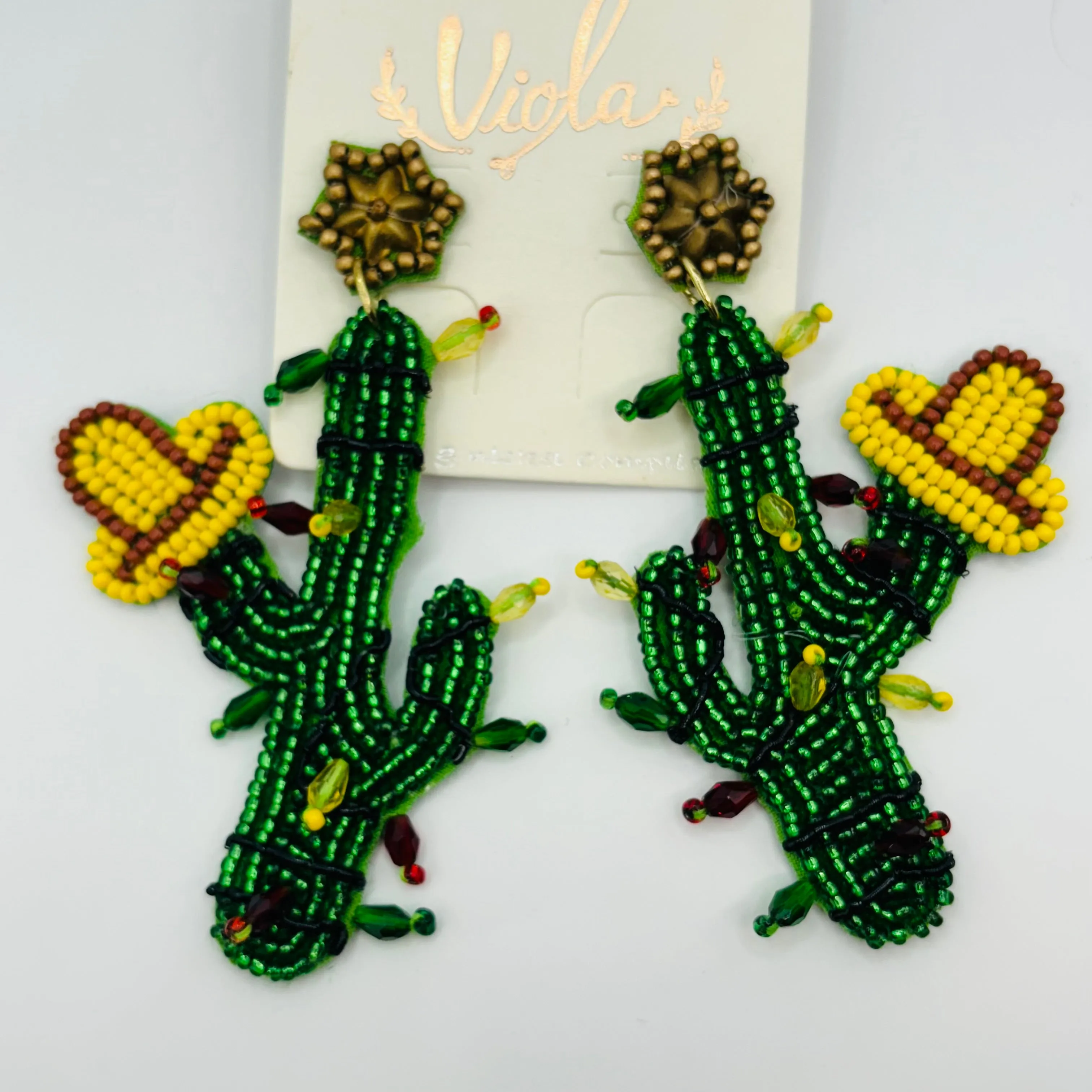 Christmas Statement Seed Bead Drop Earrings ~ Cowgirl Cactus  Cactus with Lights * Reindeer