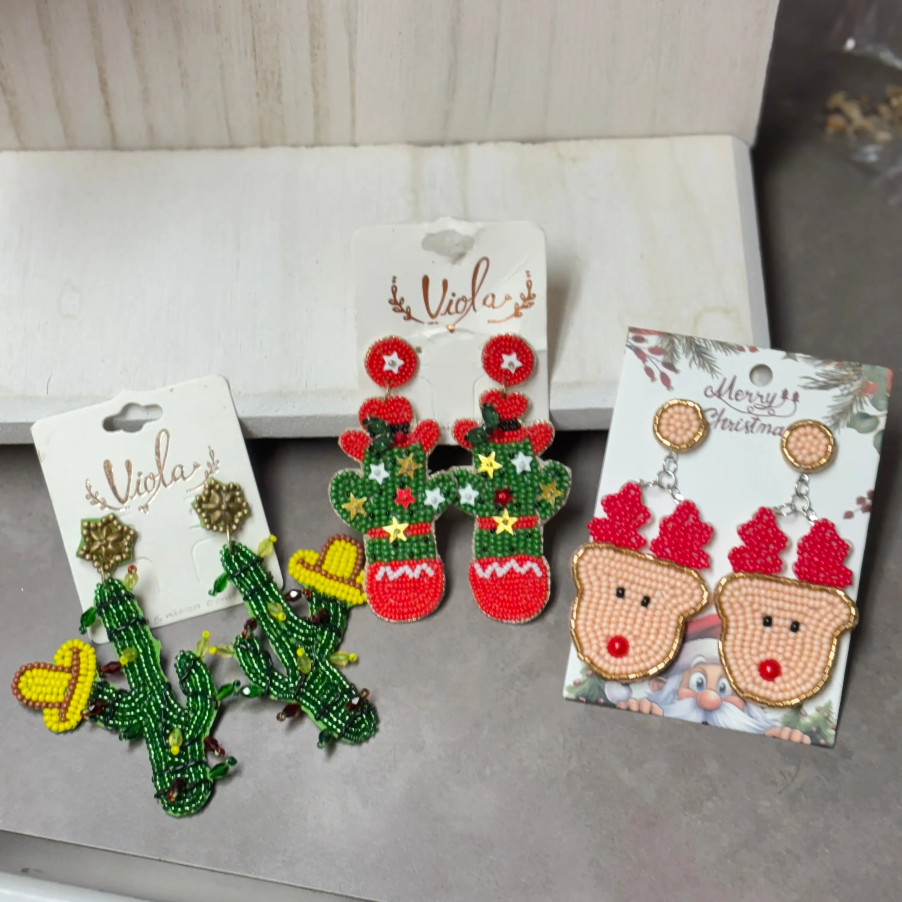 Christmas Statement Seed Bead Drop Earrings ~ Cowgirl Cactus  Cactus with Lights * Reindeer