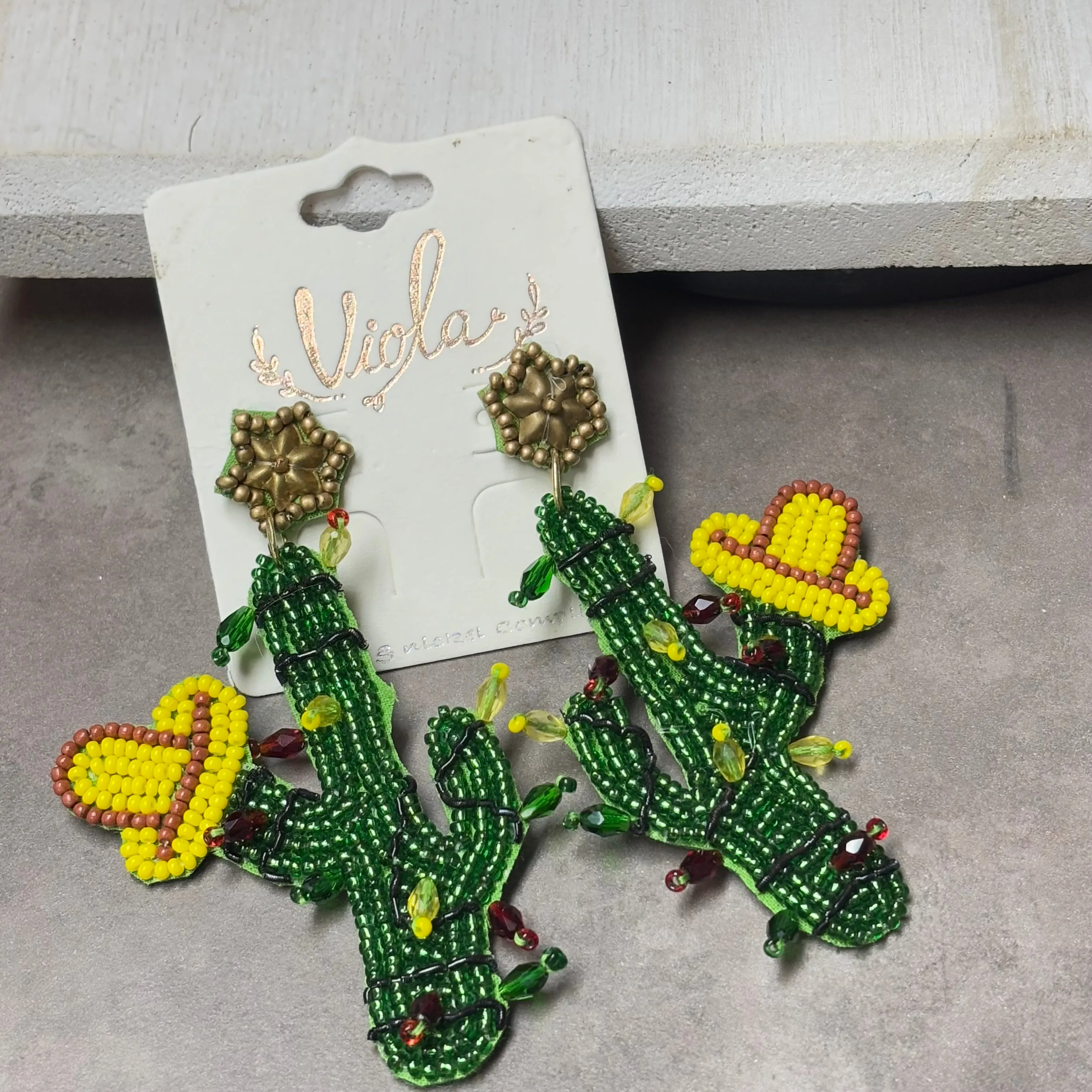 Christmas Statement Seed Bead Drop Earrings ~ Cowgirl Cactus  Cactus with Lights * Reindeer
