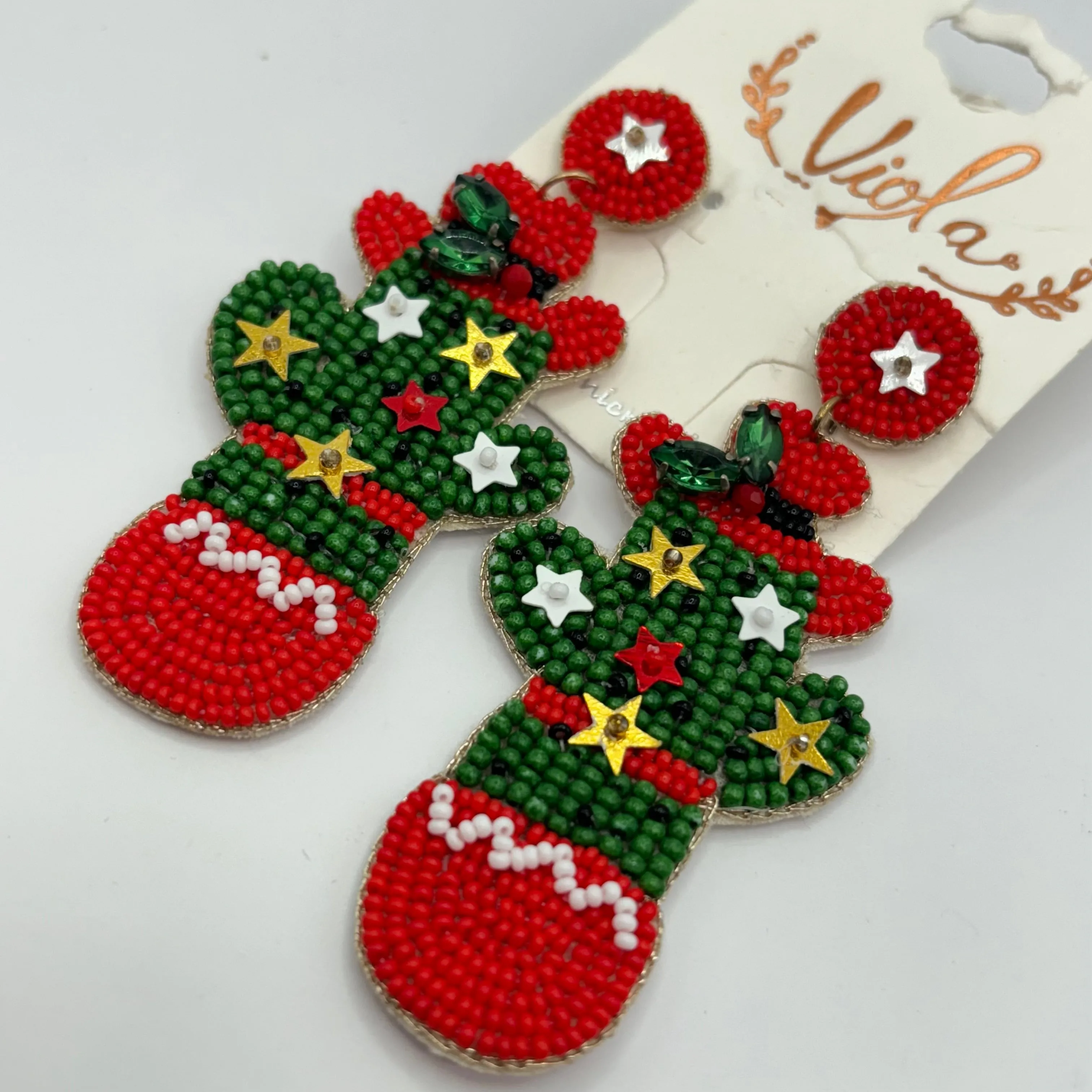 Christmas Statement Seed Bead Drop Earrings ~ Cowgirl Cactus  Cactus with Lights * Reindeer