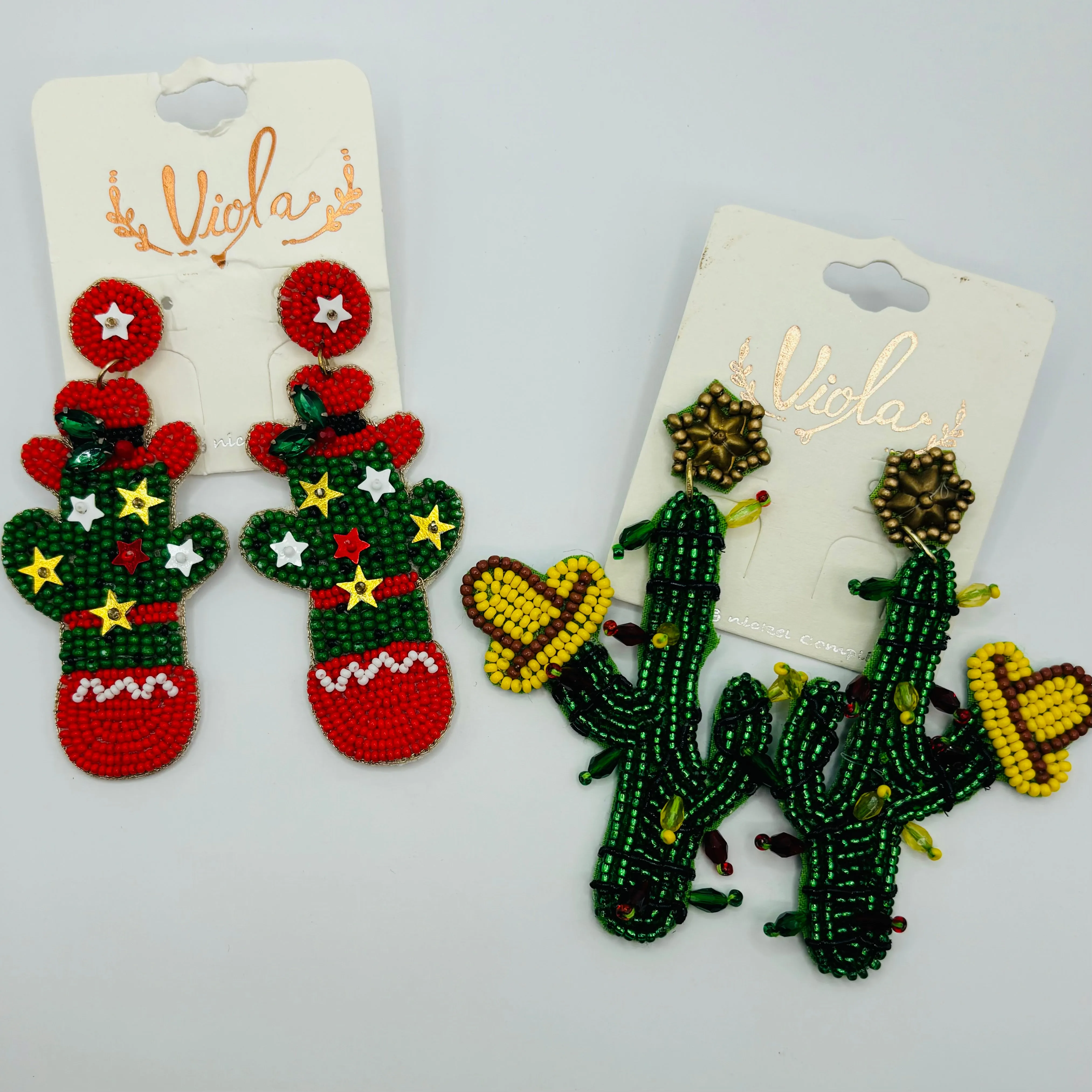 Christmas Statement Seed Bead Drop Earrings ~ Cowgirl Cactus  Cactus with Lights * Reindeer