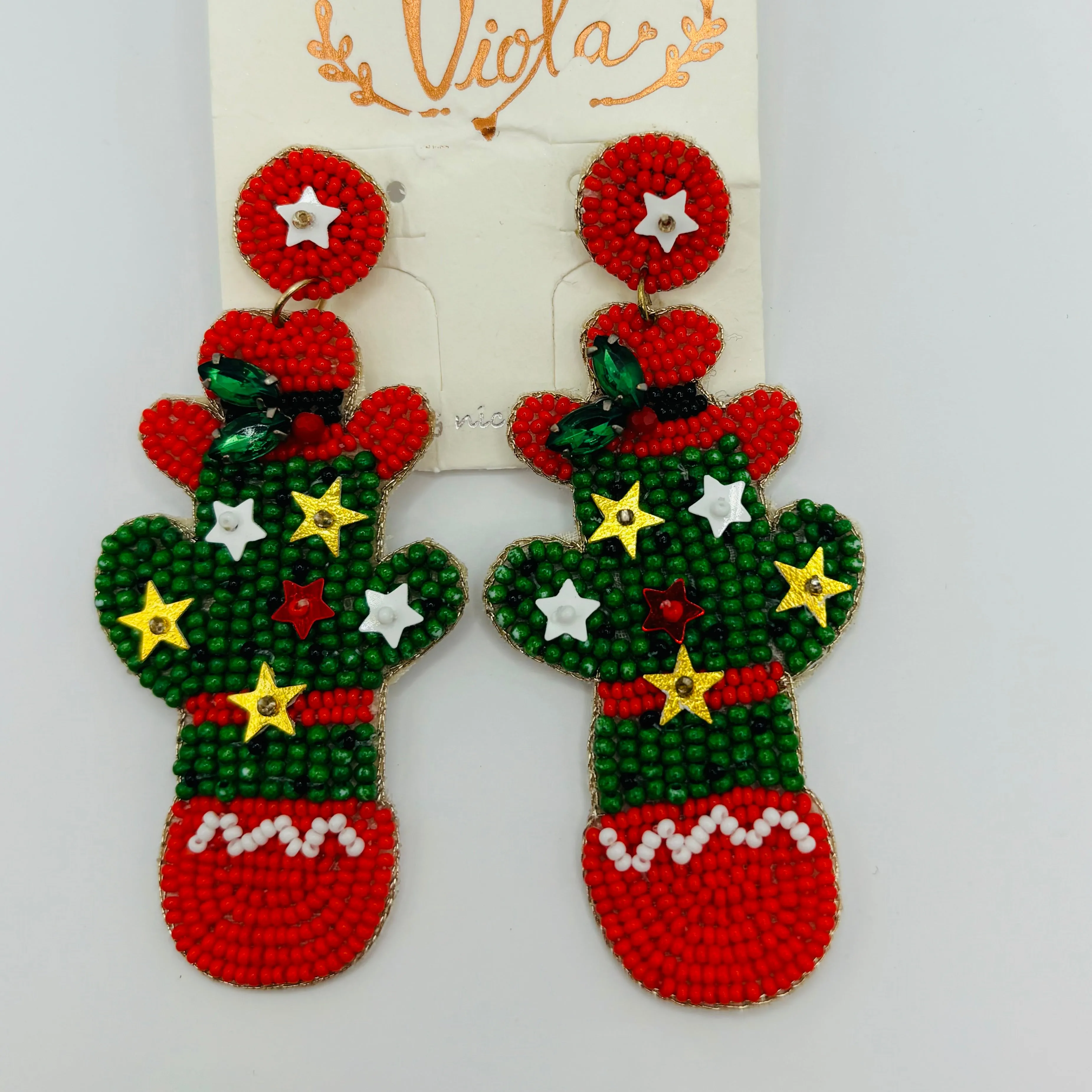 Christmas Statement Seed Bead Drop Earrings ~ Cowgirl Cactus  Cactus with Lights * Reindeer