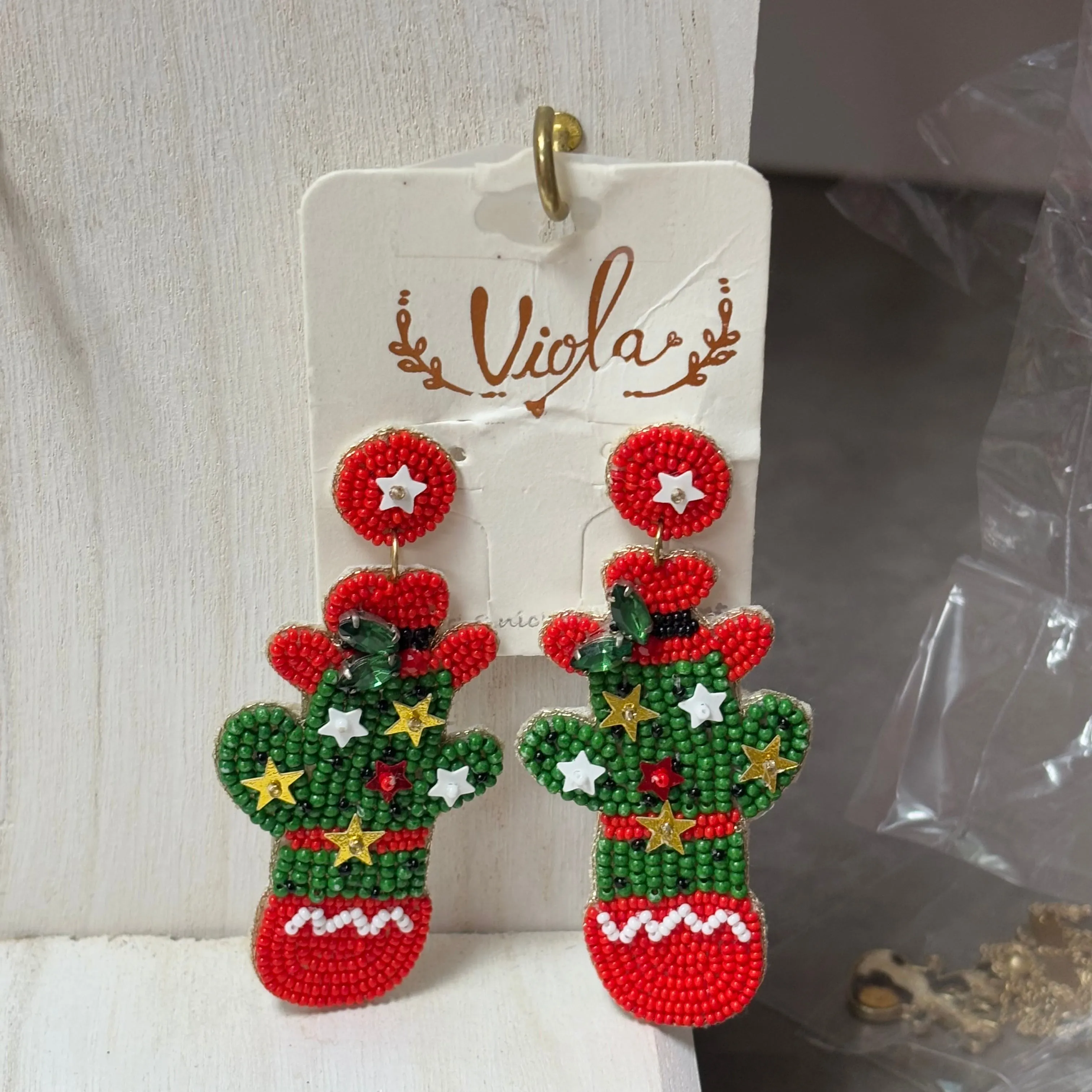 Christmas Statement Seed Bead Drop Earrings ~ Cowgirl Cactus  Cactus with Lights * Reindeer