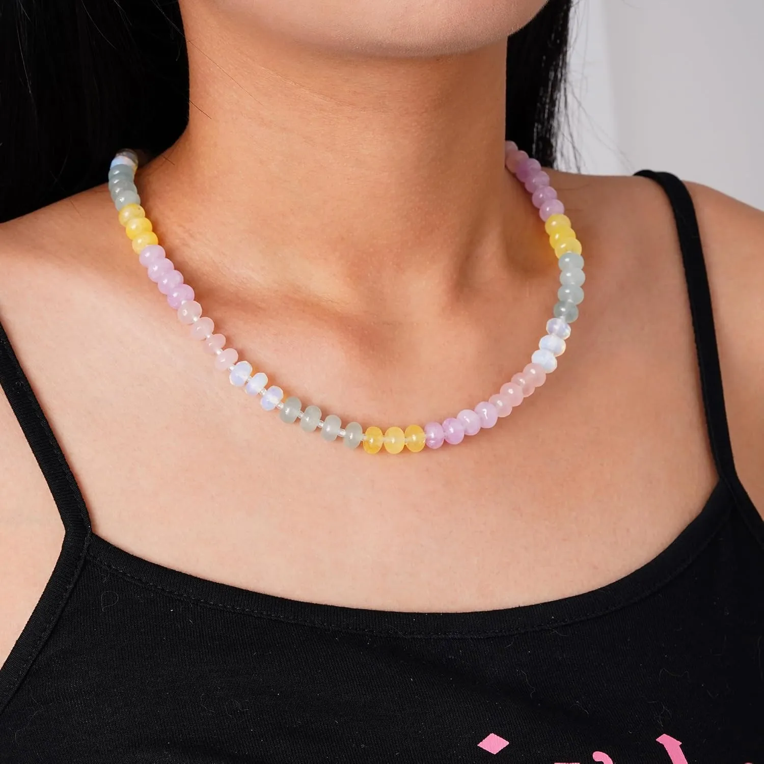 Colorful Beaded Gemstone Necklace for Women, Boho Rainbow Bead Choker with Natural Stone Crystal Beads, Handmade Summer Beach Necklace Jewelry
