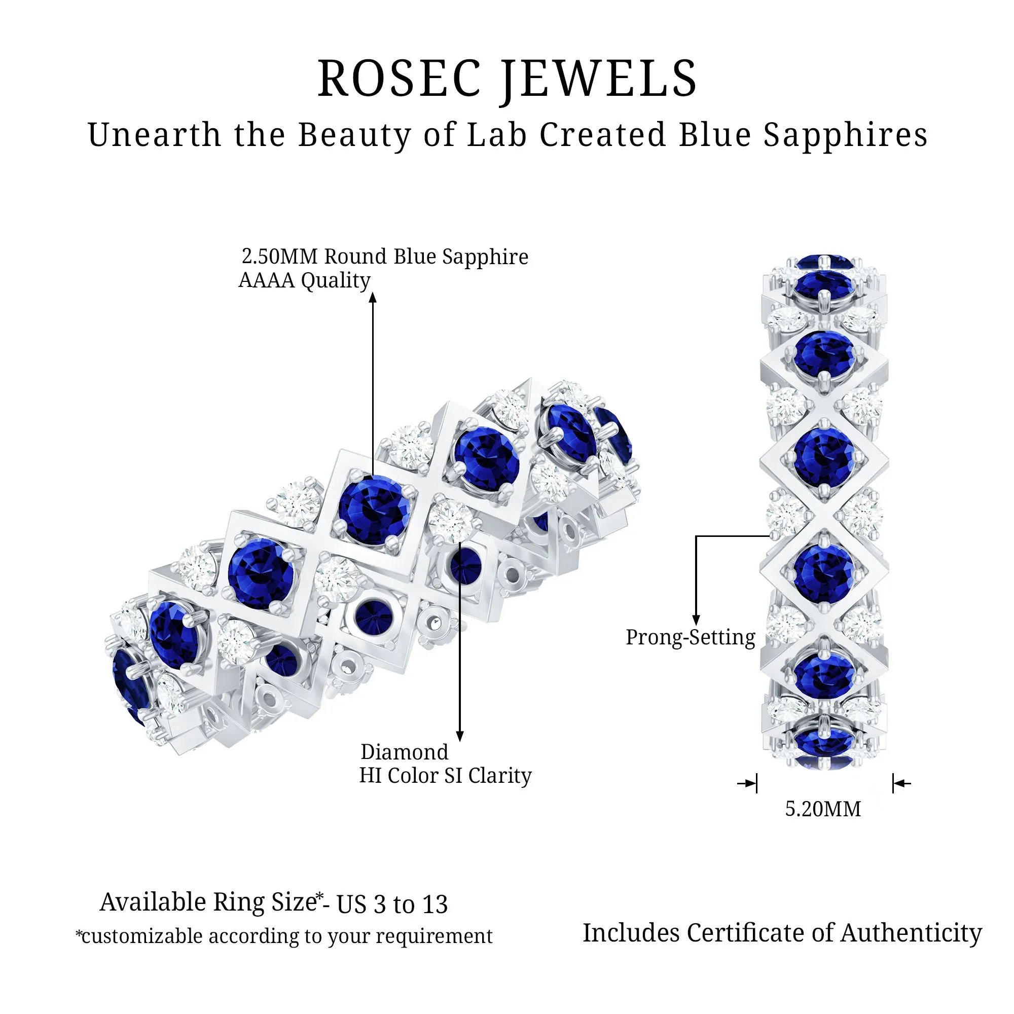 Created Blue Sapphire and Diamond Full Eternity Band Ring