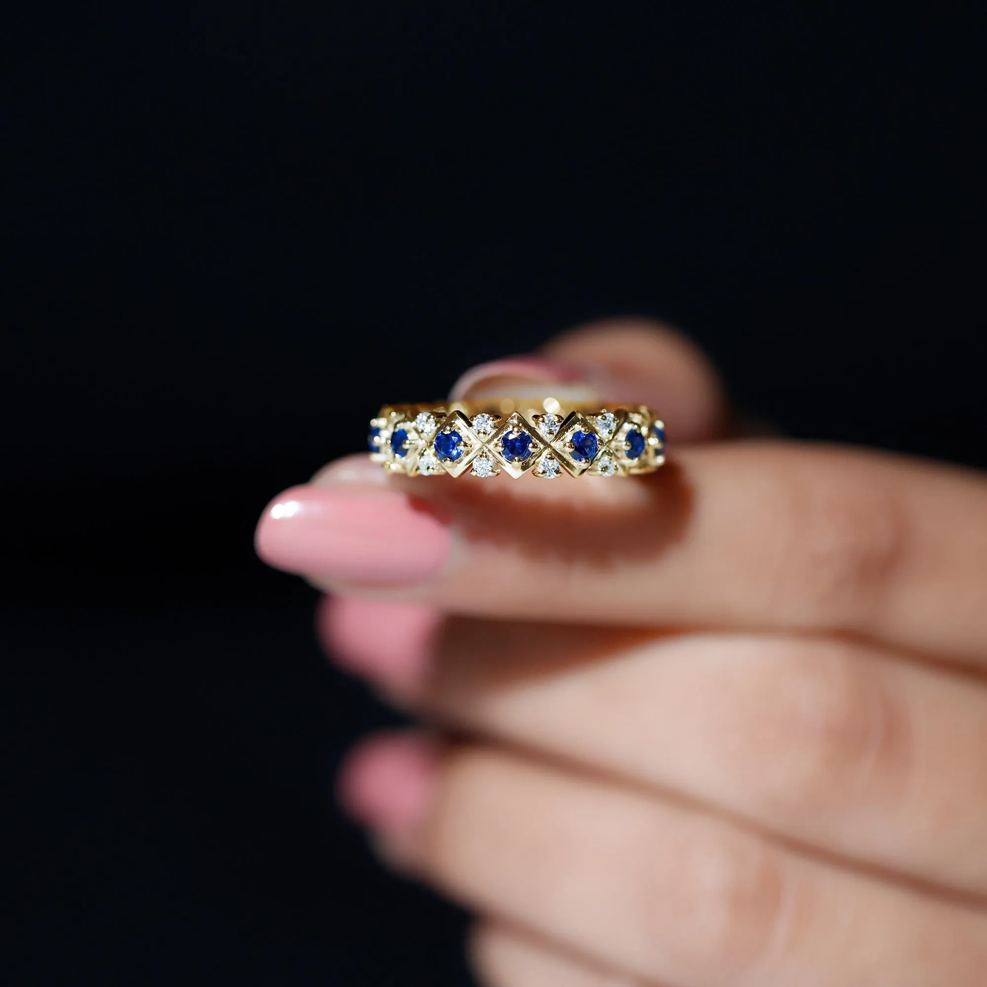 Created Blue Sapphire and Diamond Full Eternity Band Ring