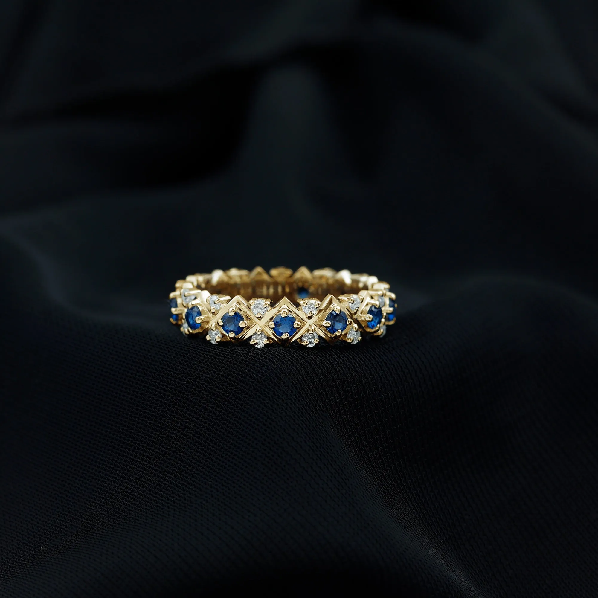Created Blue Sapphire and Diamond Full Eternity Band Ring