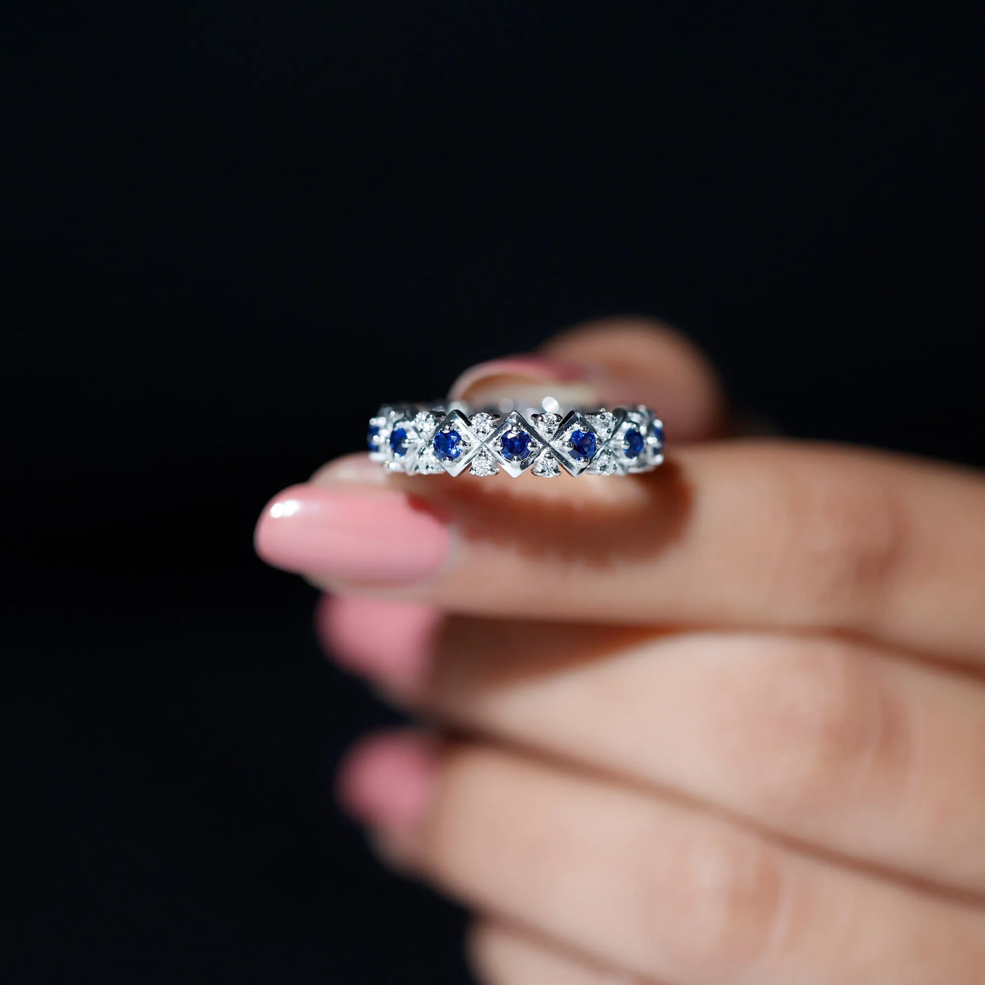 Created Blue Sapphire and Diamond Full Eternity Band Ring