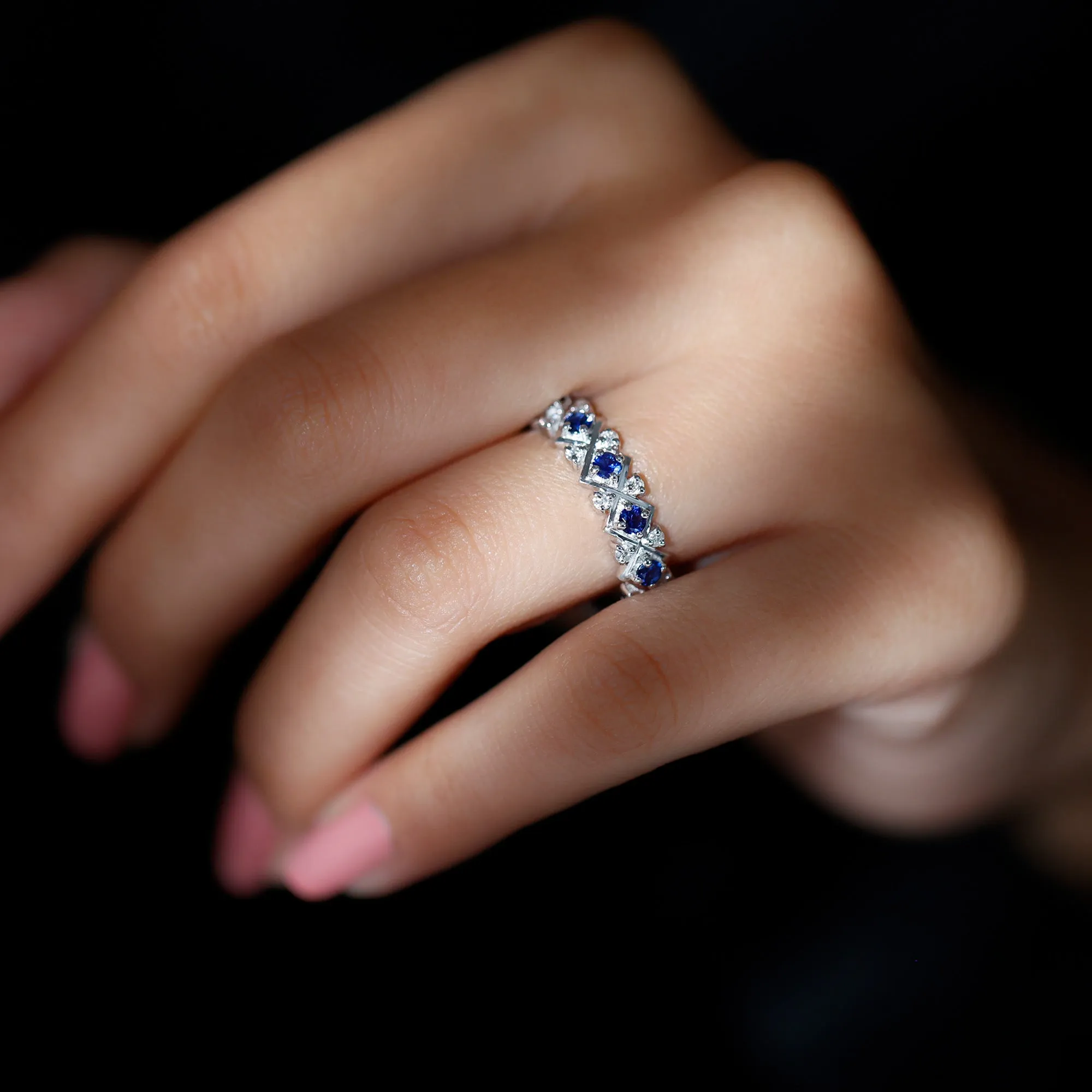 Created Blue Sapphire and Diamond Full Eternity Band Ring