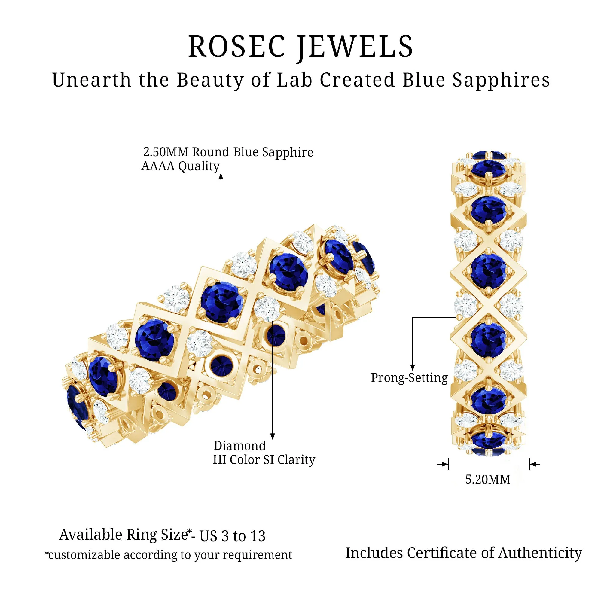 Created Blue Sapphire and Diamond Full Eternity Band Ring