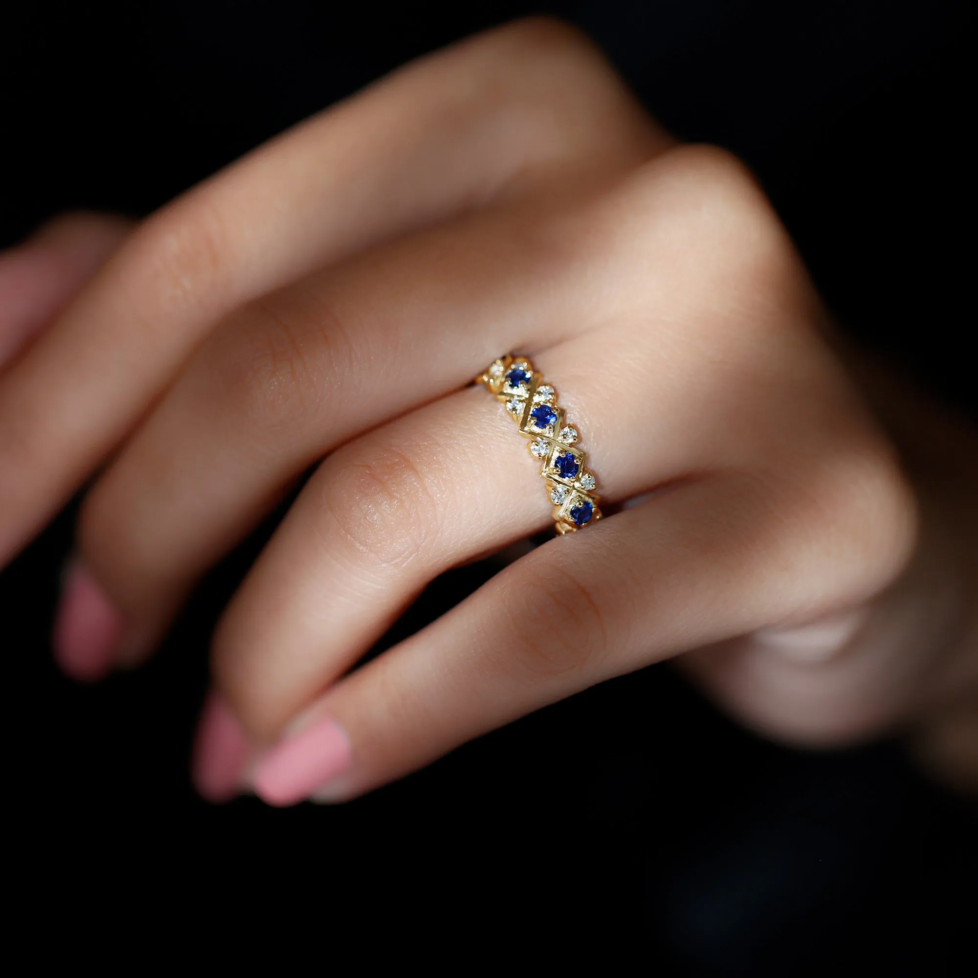 Created Blue Sapphire and Diamond Full Eternity Band Ring
