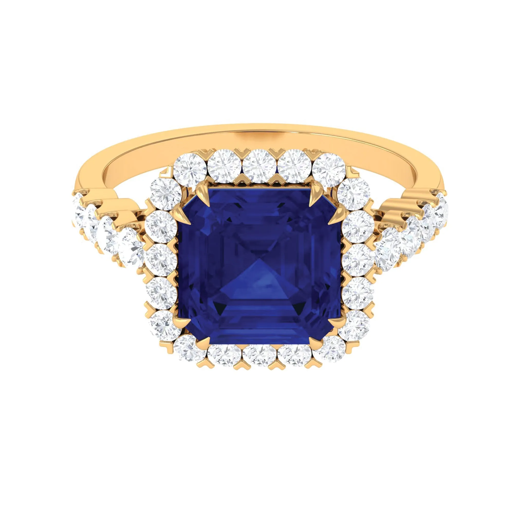Created Blue Sapphire and Diamond Halo Engagement Ring