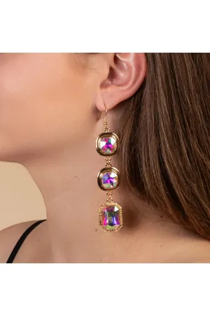 Dazzle In High Glamour Gold AB Cushion Crystal Drop Earrings