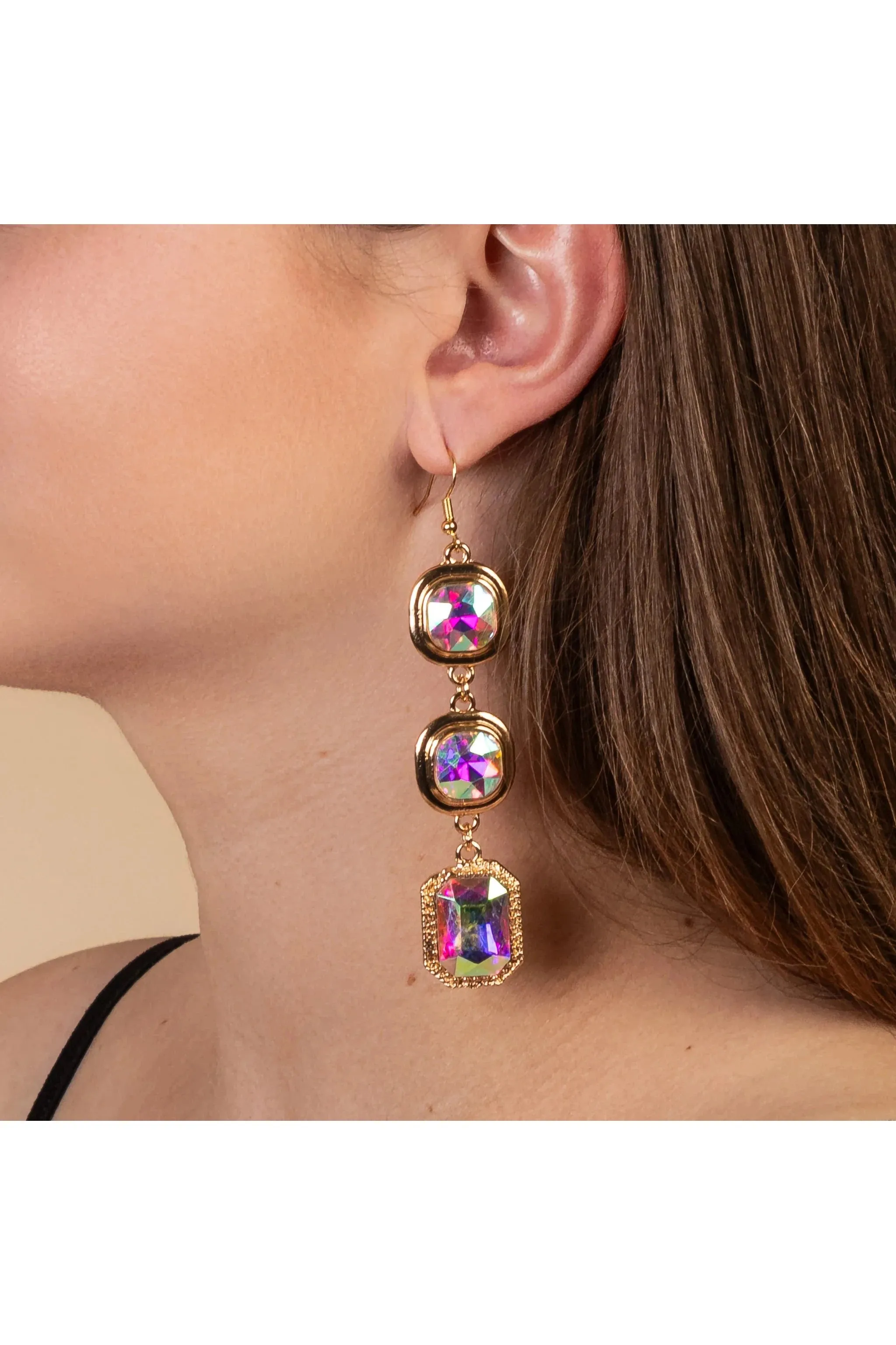 Dazzle In High Glamour Gold AB Cushion Crystal Drop Earrings