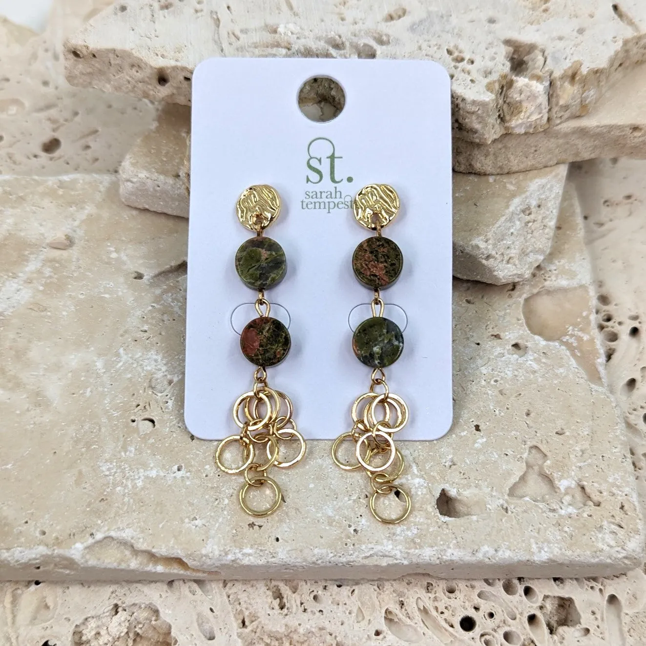 Disc post and beads dangle earrings with rings