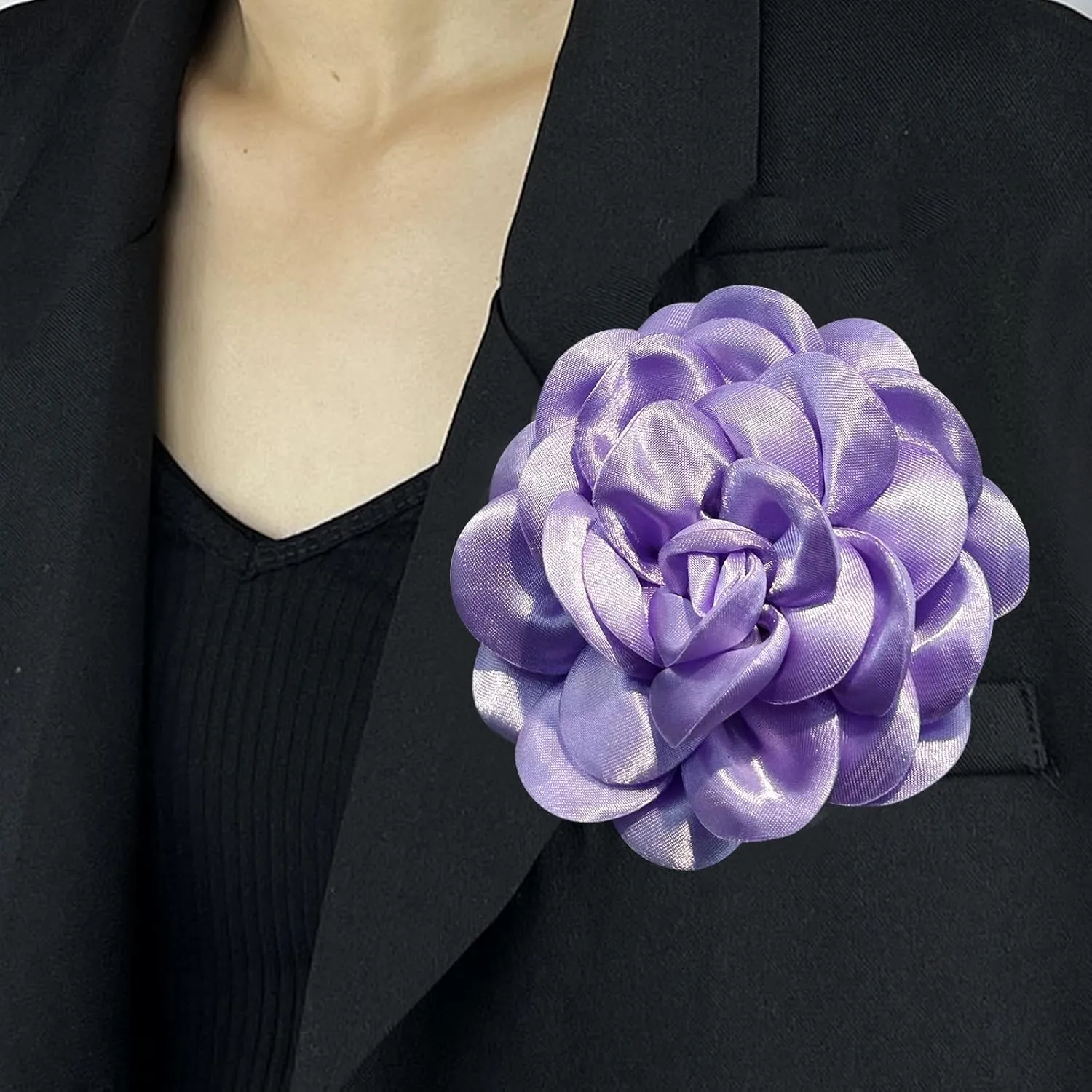 Elegant Large Rose Flower Brooches Lapel Pins Handmade Dainty Satin Fabric Brooches Big Camellia Flower Brooch Pin for Women Wedding Part Dance Dress Suit Clothes Accessories Jewelry