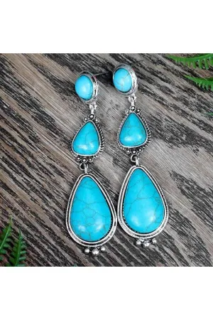 Elegant Three Stone Turquoise Drop Earrings In Silver