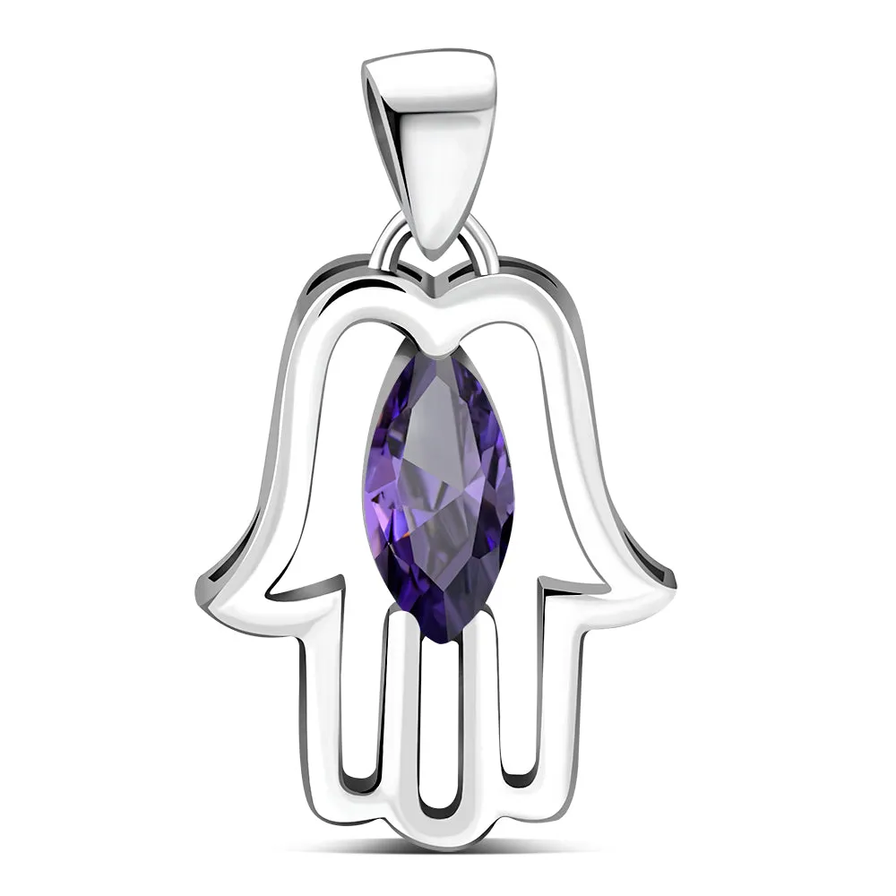 Hamsa Silver Pendant set w/ Amethyst CZ