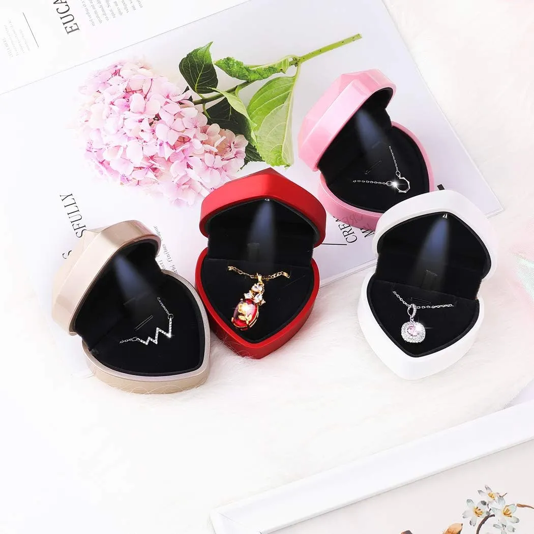 iSuperb Pendant Necklace Box with LED Light Heart Shape Jewelry Gift Box Bracelet Case for Anniversary Wedding Engagment (Black)