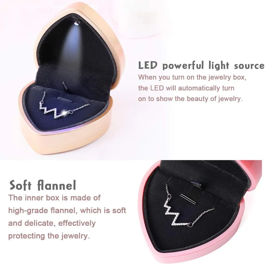 iSuperb Pendant Necklace Box with LED Light Heart Shape Jewelry Gift Box Bracelet Case for Anniversary Wedding Engagment (Black)