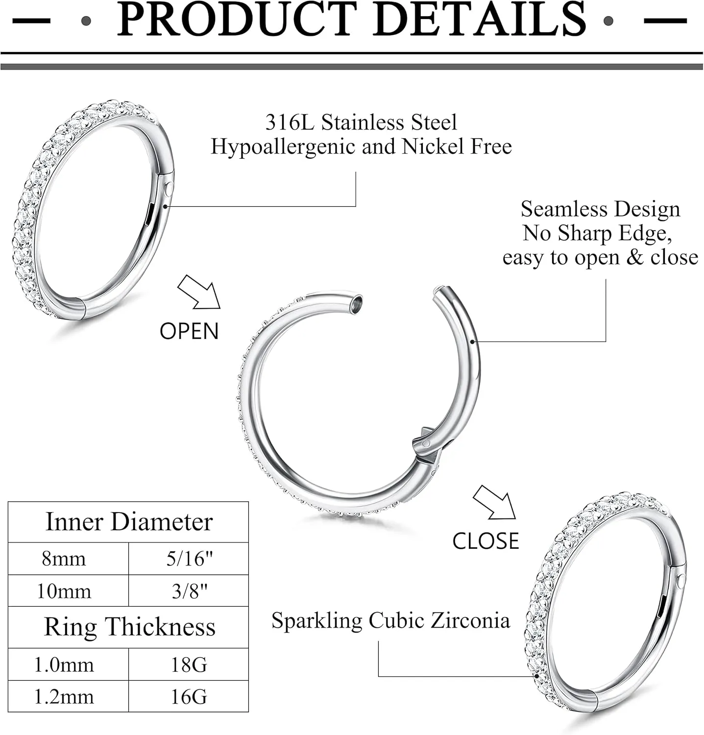 Jstyle 5Pcs 18G 16G Surgical Steel Nose Rings Hoop for Women Opal CZ Clicker Hinged Septum Nose Ring Lip Helix Cartilage Hoop Earring Daith Rook Conch Piercing Jewelry for Women 8mm 10mm