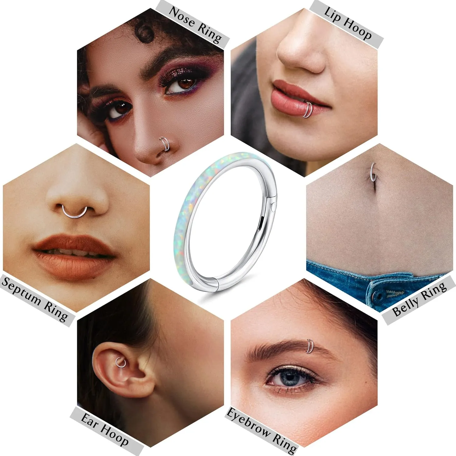 Jstyle 5Pcs 18G 16G Surgical Steel Nose Rings Hoop for Women Opal CZ Clicker Hinged Septum Nose Ring Lip Helix Cartilage Hoop Earring Daith Rook Conch Piercing Jewelry for Women 8mm 10mm