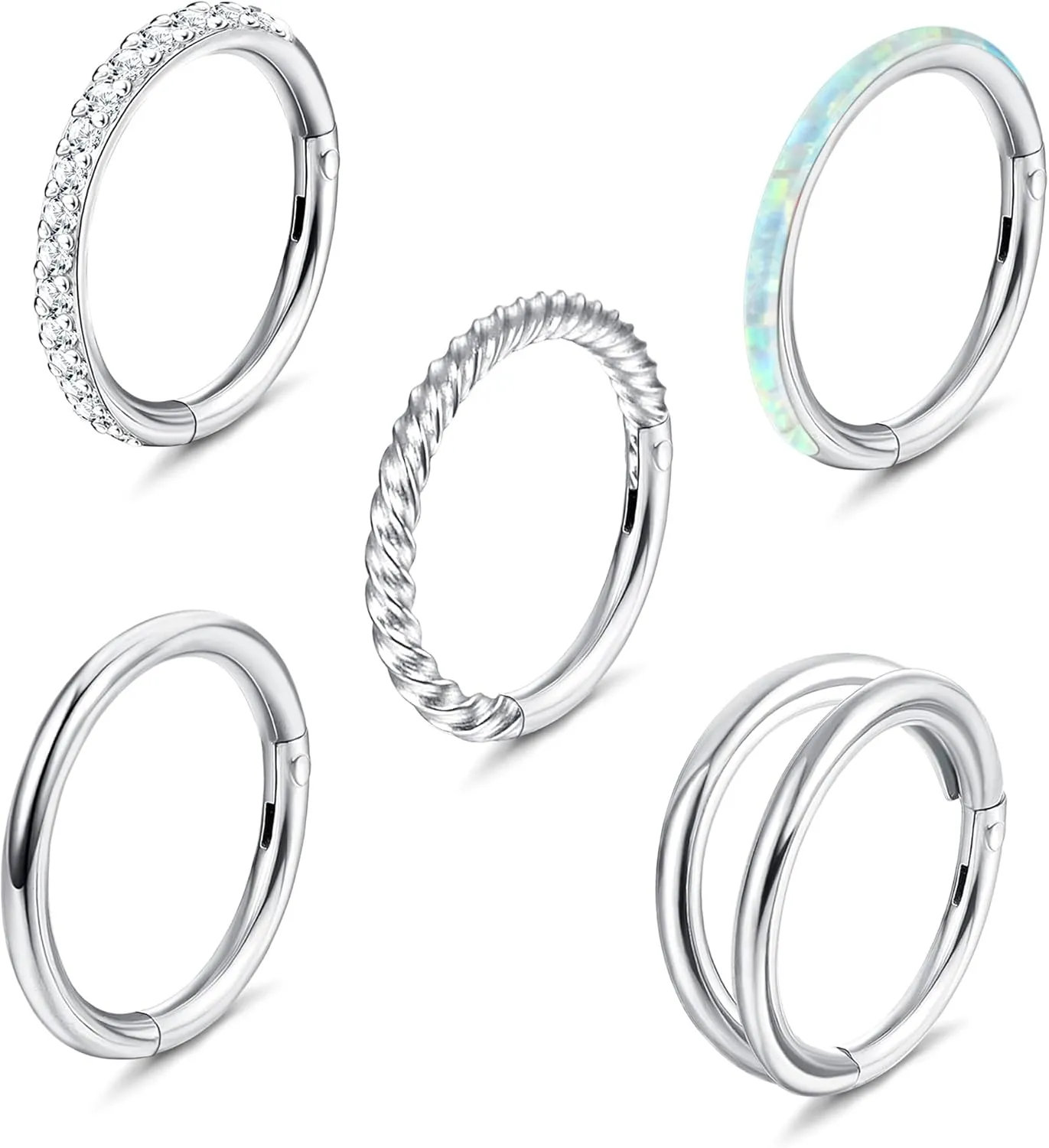 Jstyle 5Pcs 18G 16G Surgical Steel Nose Rings Hoop for Women Opal CZ Clicker Hinged Septum Nose Ring Lip Helix Cartilage Hoop Earring Daith Rook Conch Piercing Jewelry for Women 8mm 10mm