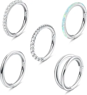 Jstyle 5Pcs 18G 16G Surgical Steel Nose Rings Hoop for Women Opal CZ Clicker Hinged Septum Nose Ring Lip Helix Cartilage Hoop Earring Daith Rook Conch Piercing Jewelry for Women 8mm 10mm