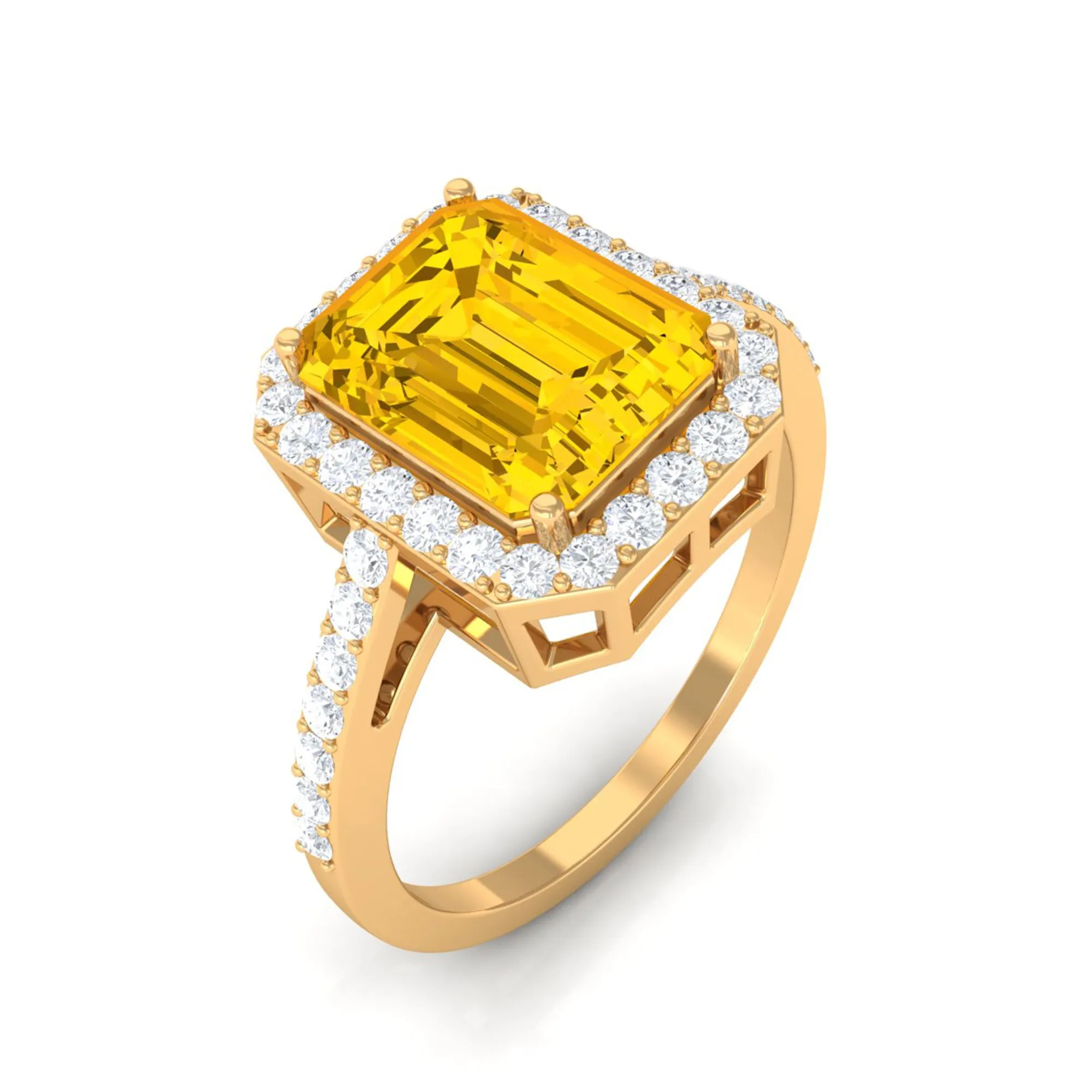 Lab Grown Yellow Sapphire Emerald Cut Engagement Ring with Diamond