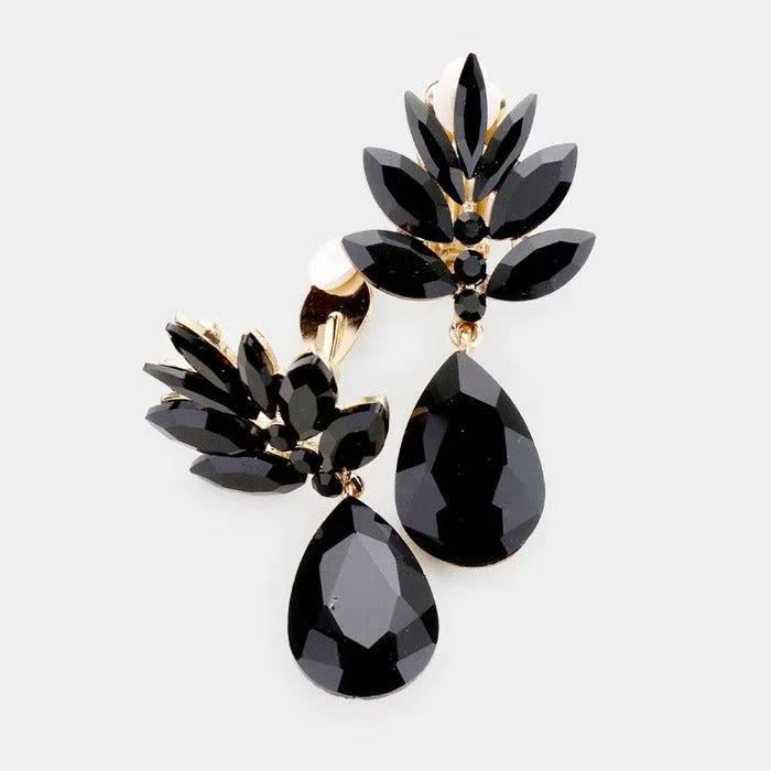 Marquise Black Crystal Teardrop Clip On Earrings