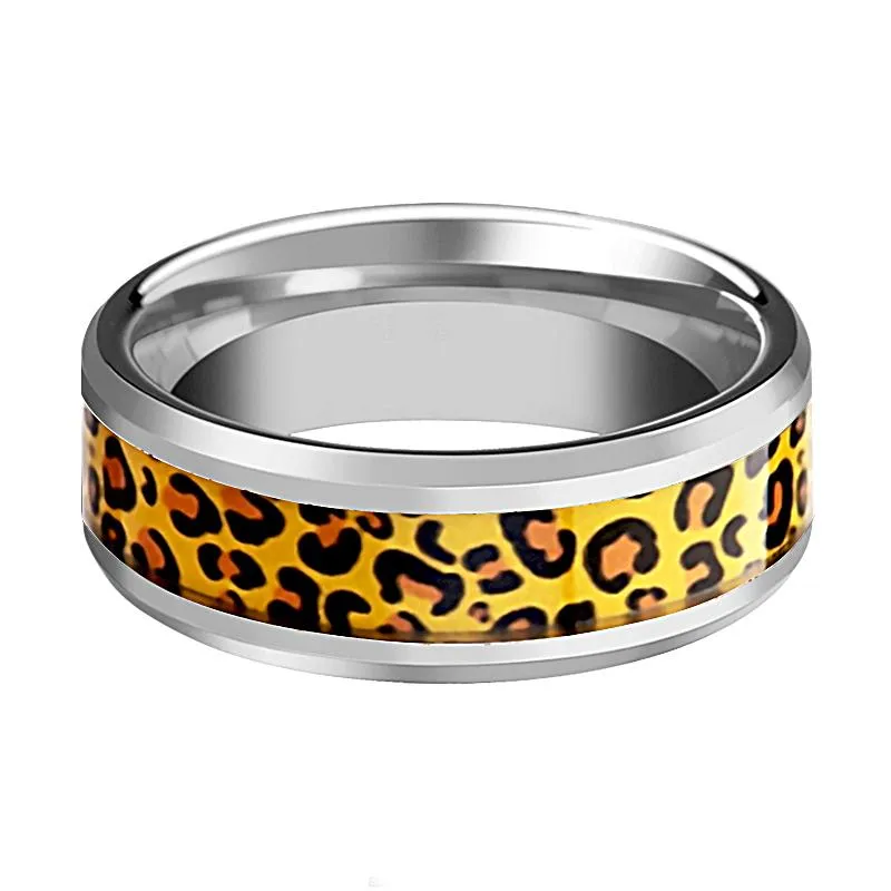 Men's Tungsten Wedding Band with Cheetah Print Animal Design Inlay and Bevels - 6MM - 8MM